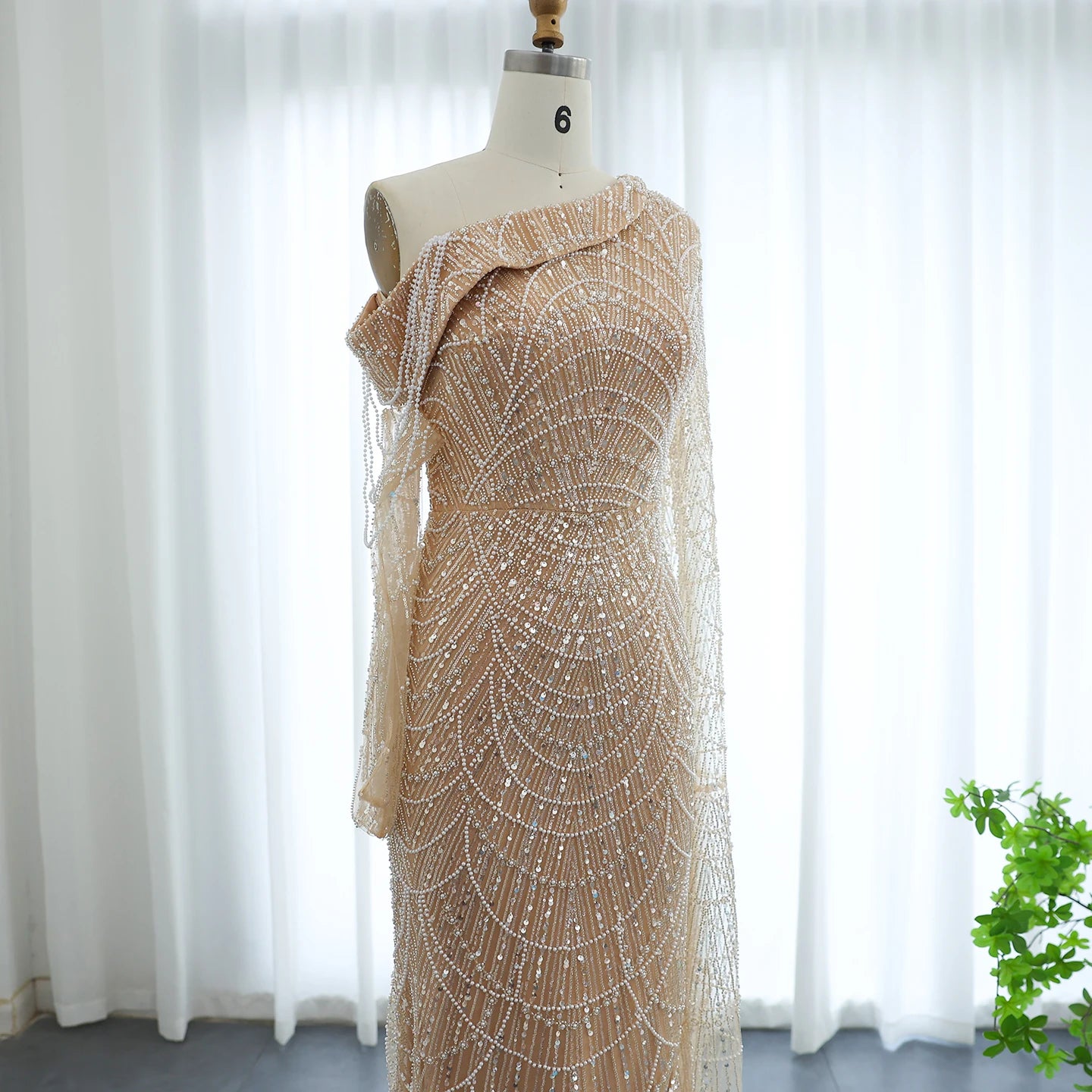 Champagne Mermaid Evening Dresses for Women Wedding Elegant Beads One Shoulder Formal Prom Gowns - Image 4