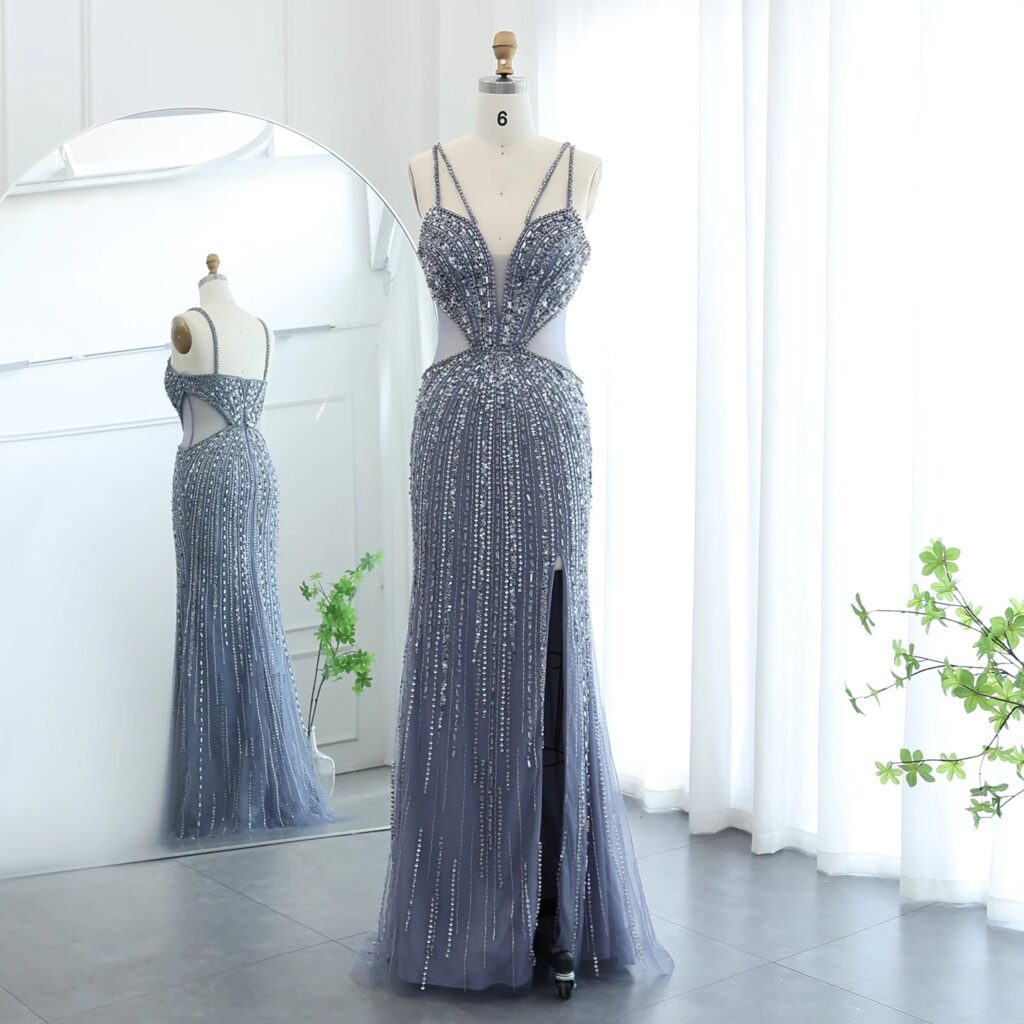 Luxury Beaded Nude Mermaid Evening Dresses Sexy V-neck High Slit Blue Long Women Wedding Party Prom Dress