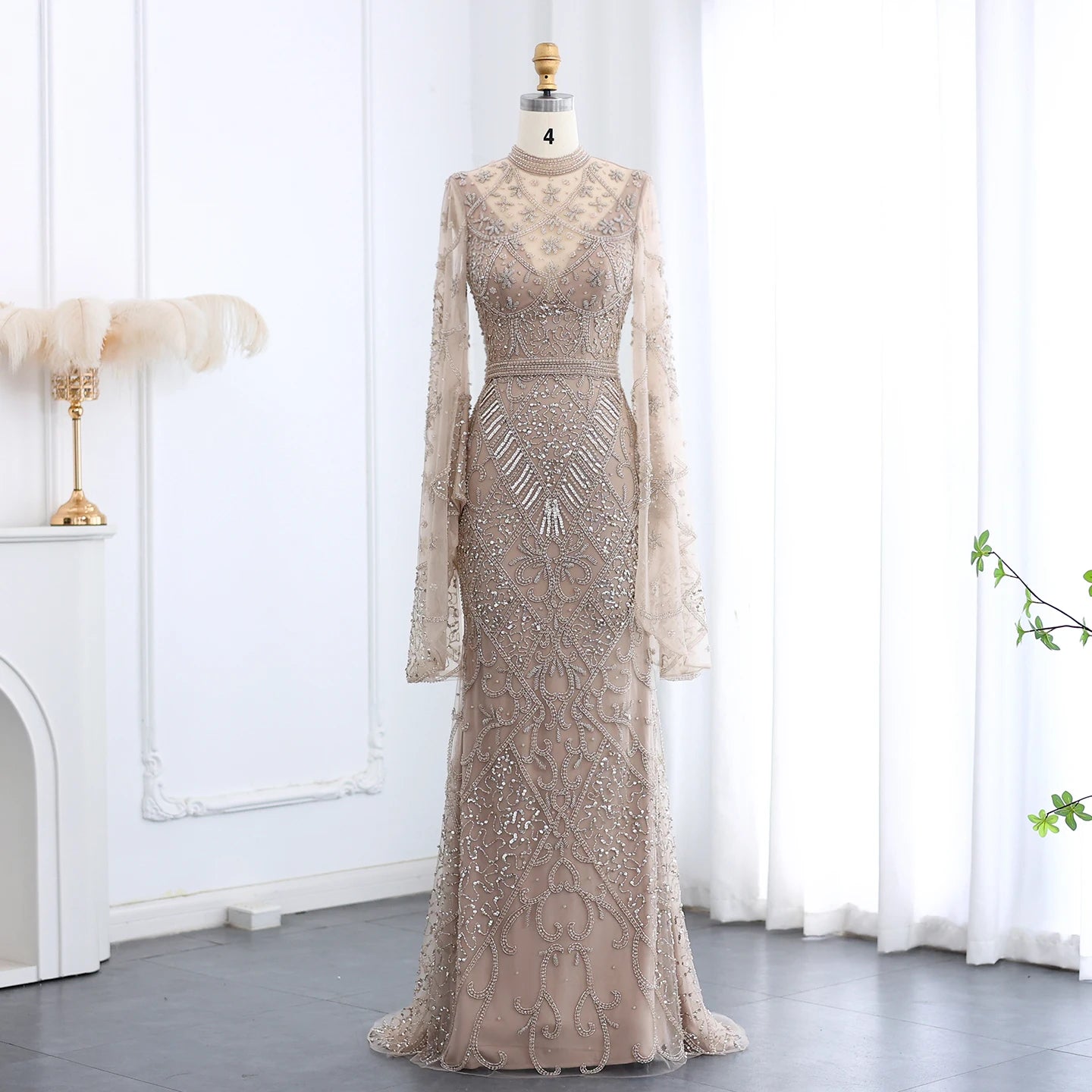 Black Beaded Luxury Evening Dress with Flare Long Sleeves High Neck Formal Party Gowns - Image 4