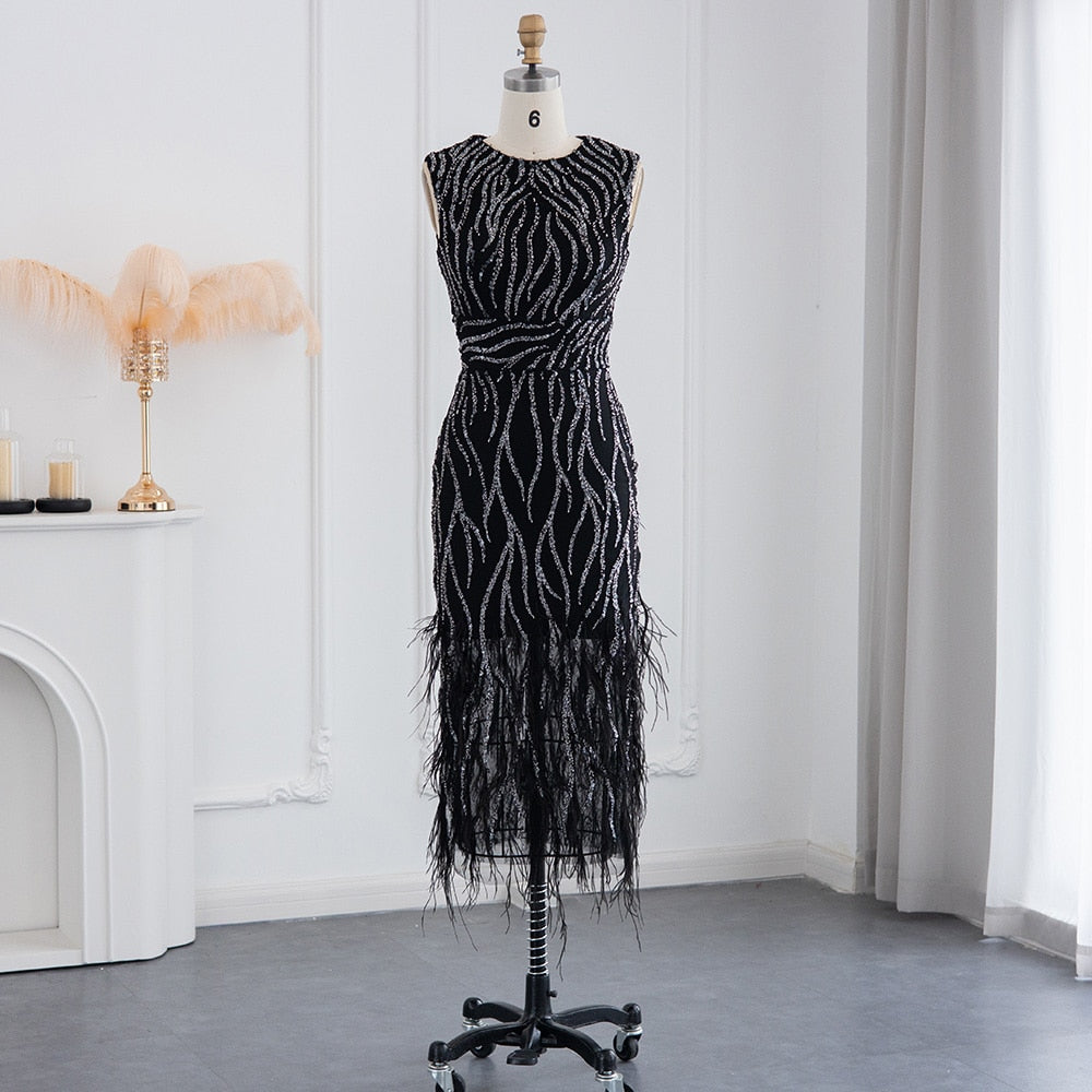 Elegant Lace Midi Evening Dress with Feathers Beading Formal Dresses for Wedding Party - Image 20