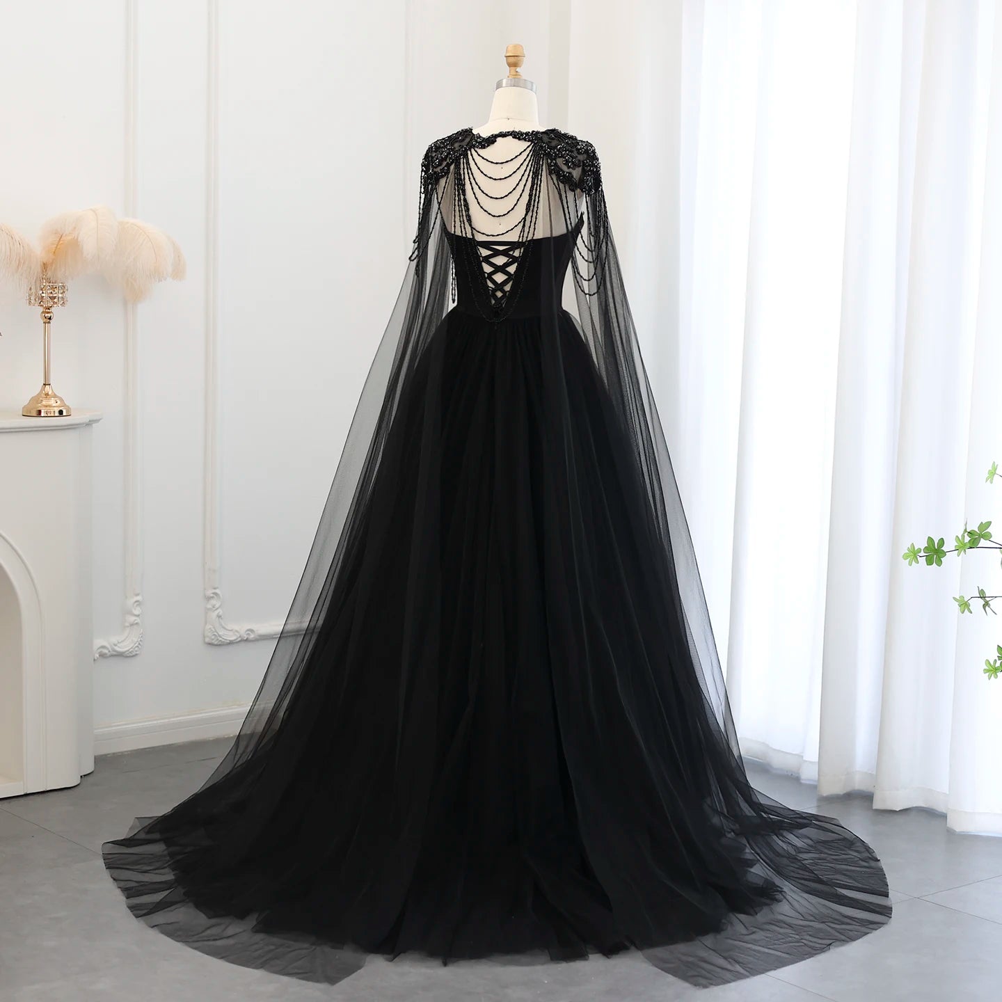 Gothic Tulle Evening Dress with Cape Sleeves Elegant Women Luxury Formal Party Gowns - Image 6