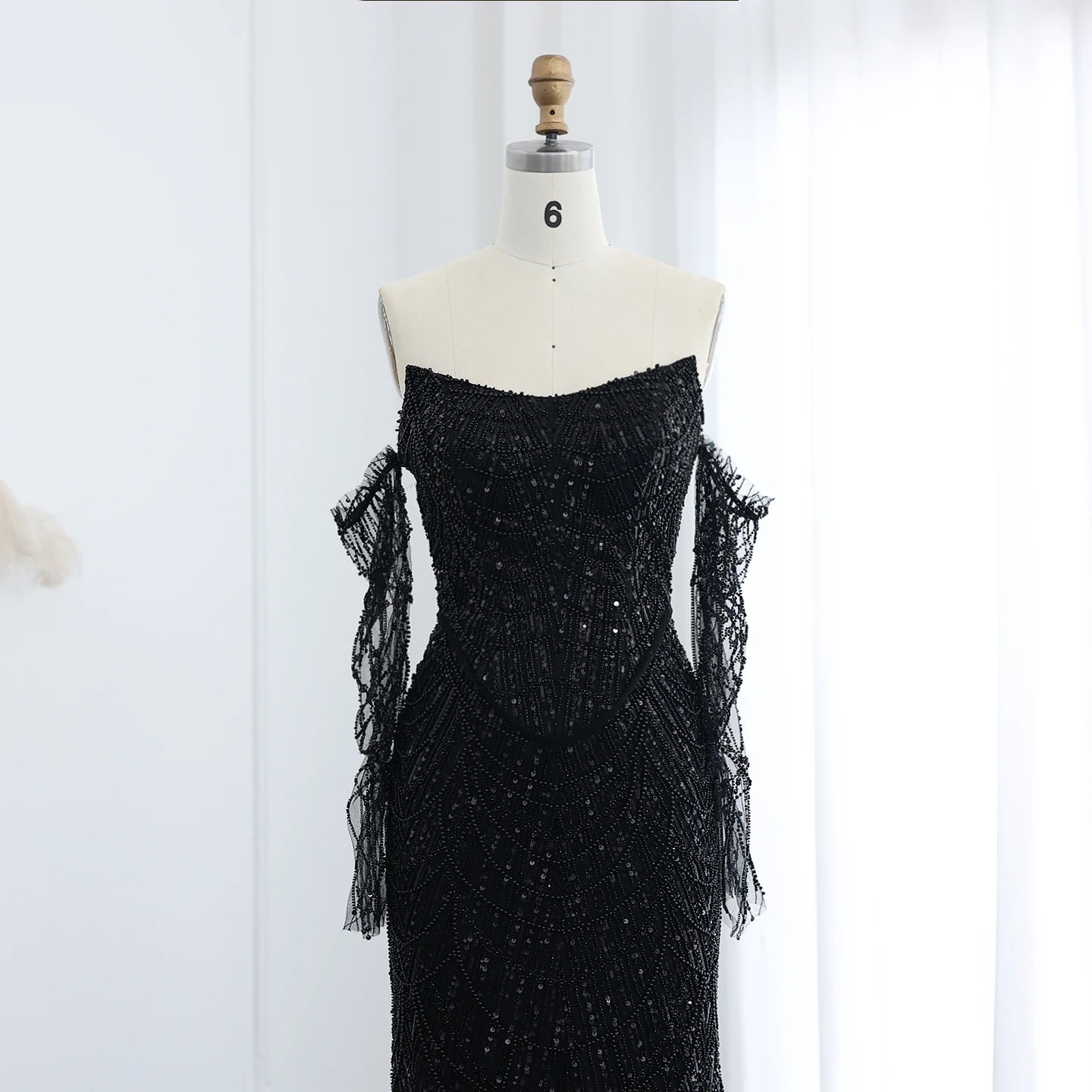 Beads Black Mermaid Long Sleeve Arabic Evening Dress for Women Party Formal Dress Dubai Prom Dress - Image 2