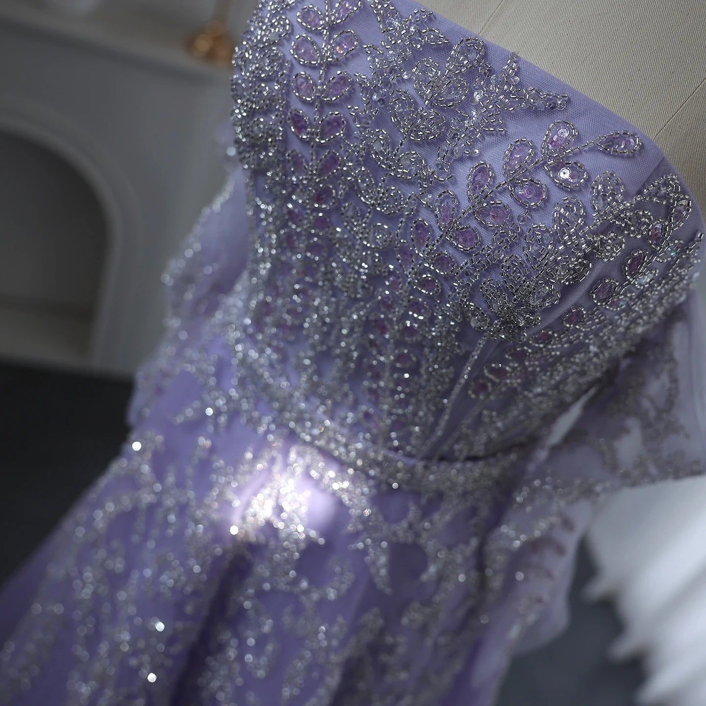 Luxury Beaded Lilac Evening Dress with Sleeves Elegant Strapless Women Wedding Party Gowns - Image 6