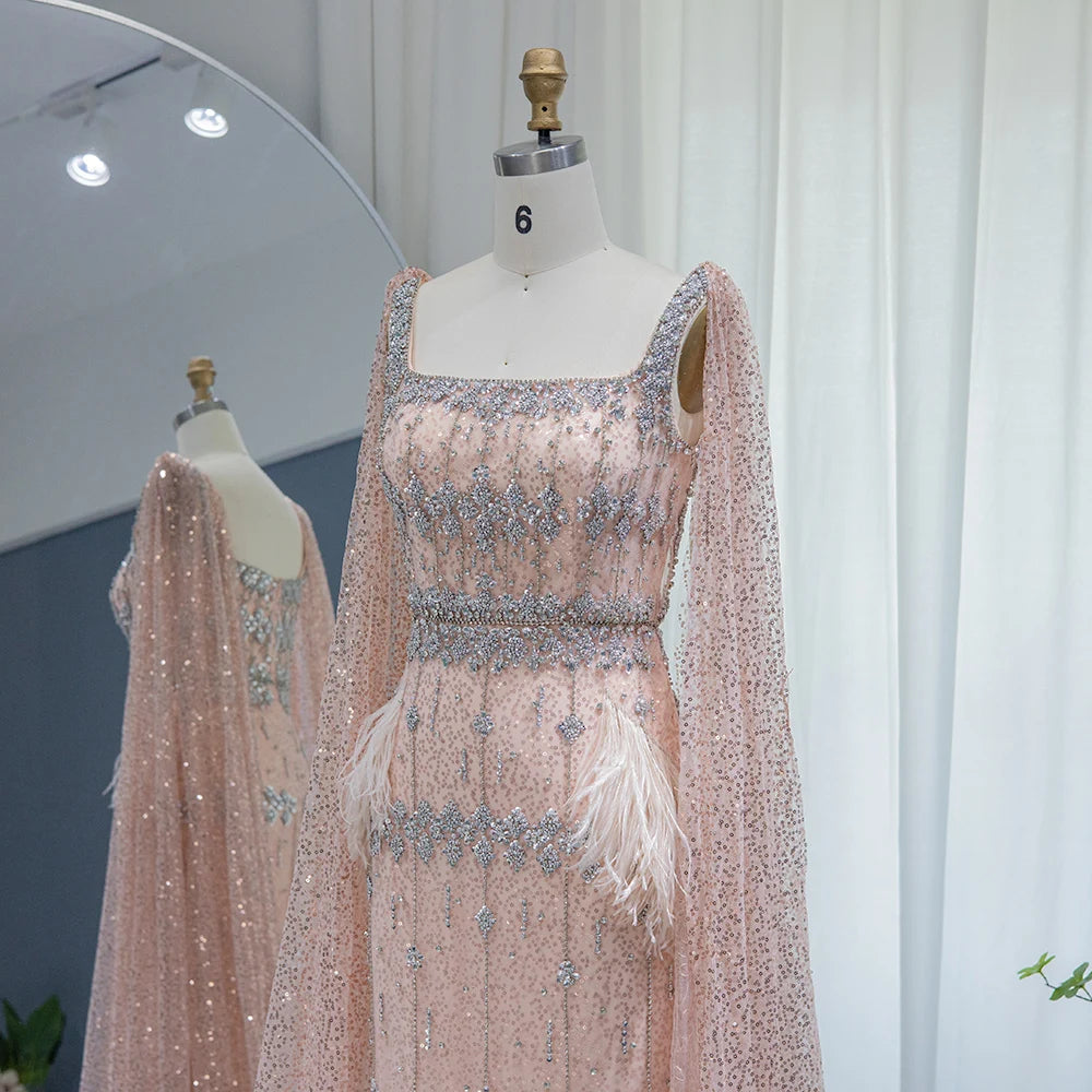 Mermaid Evening Dress with Cape Luxury Feather Formal Dresses for Women Wedding Party - Image 48