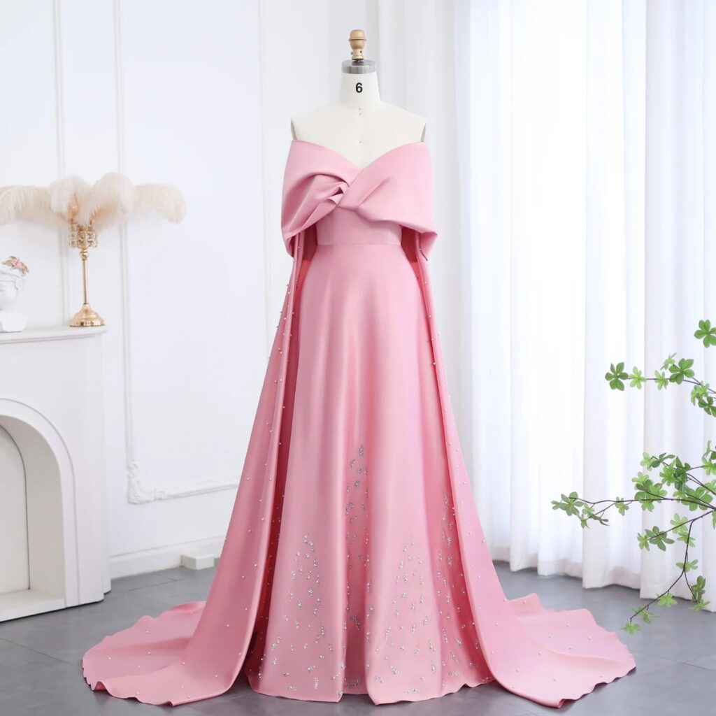 Pink Satin Evening Dresses with Train 2024 Elegant Off Shoulder Arabic Women Wedding Party Gowns