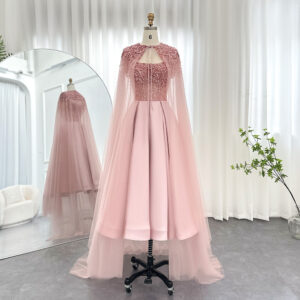 Luxury Evening Dress with Cape Ankle Length Short Midi Women Wedding Party Dress