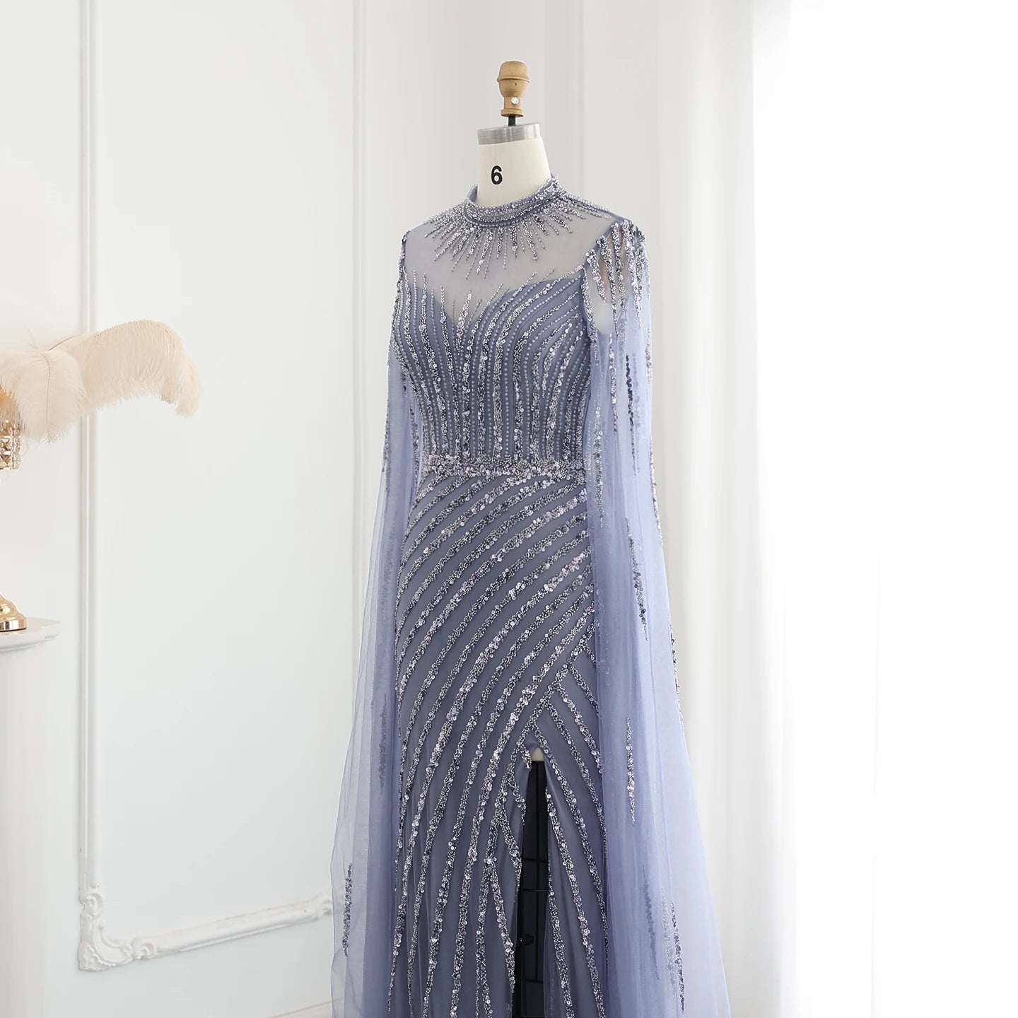 Luxury Beaded Mermaid Nude Evening Dress with Cape Sleeve One Shoulder Side Slit Women Wedding Party Gown - Image 11