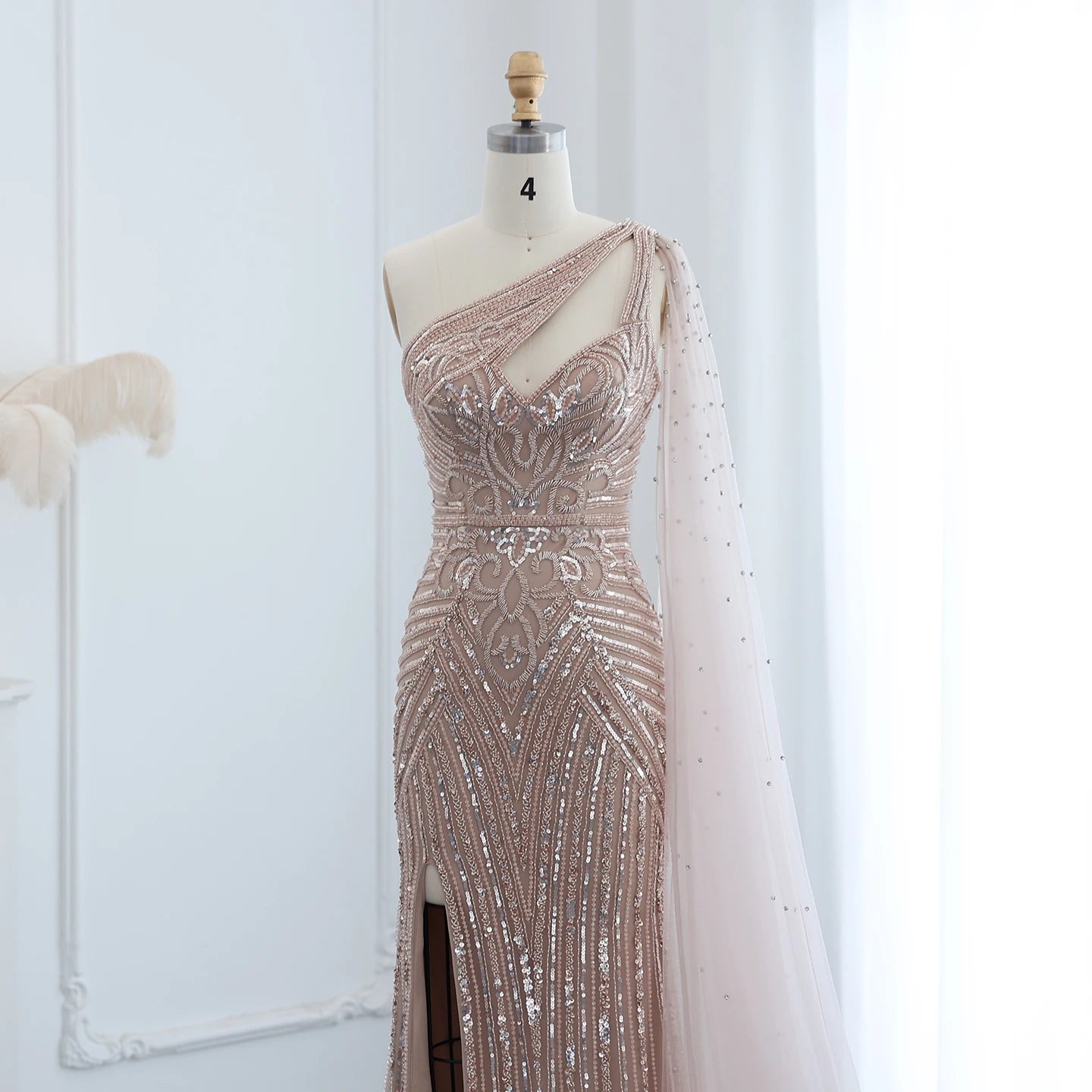 Luxury Beaded Mermaid Nude Evening Dress with Cape Sleeve One Shoulder Side Slit Women Wedding Party Gowns - Image 12