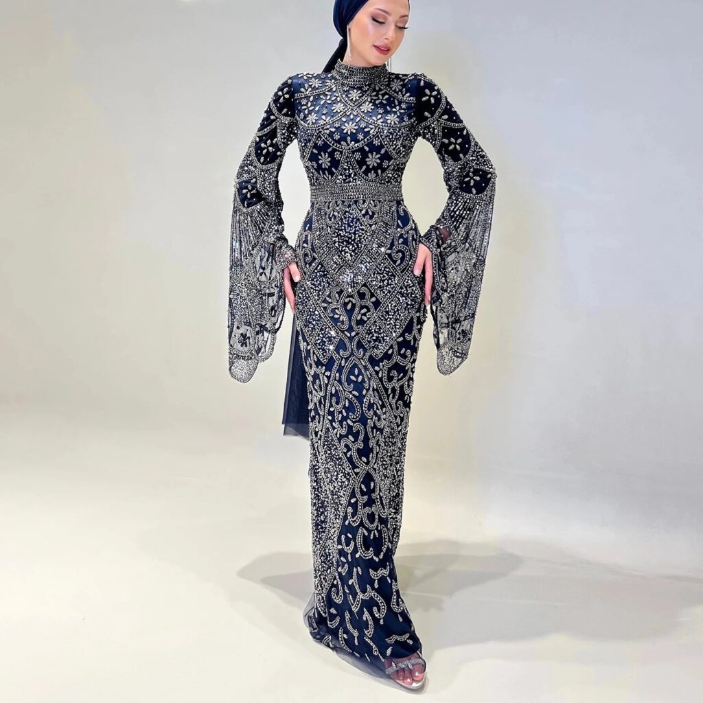Black Beaded Luxury Evening Dress with Flare Long Sleeves High Neck Formal Party Gowns