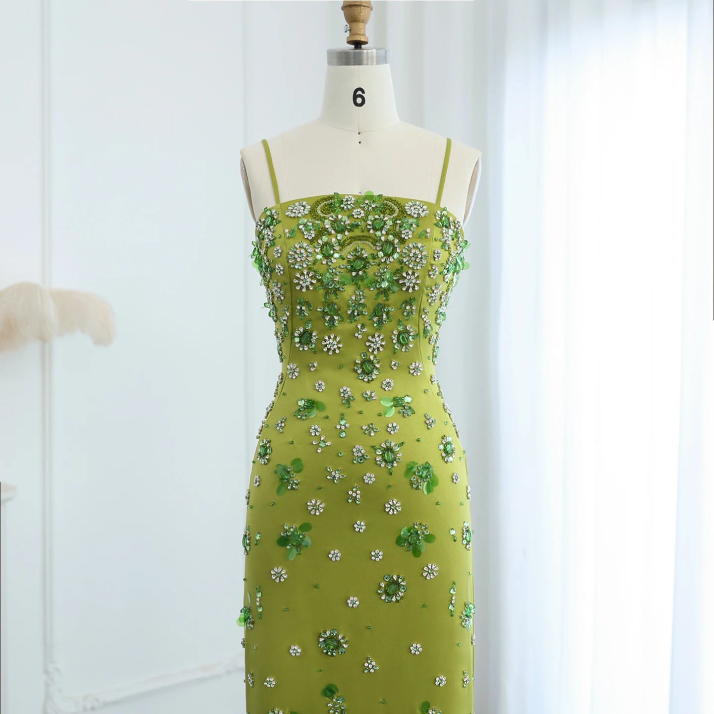 Luxury 3D Floral Beaded Short Green Evening Dress with Spaghetti Straps Sheath Midi Women Wedding Party Gowns - Image 3