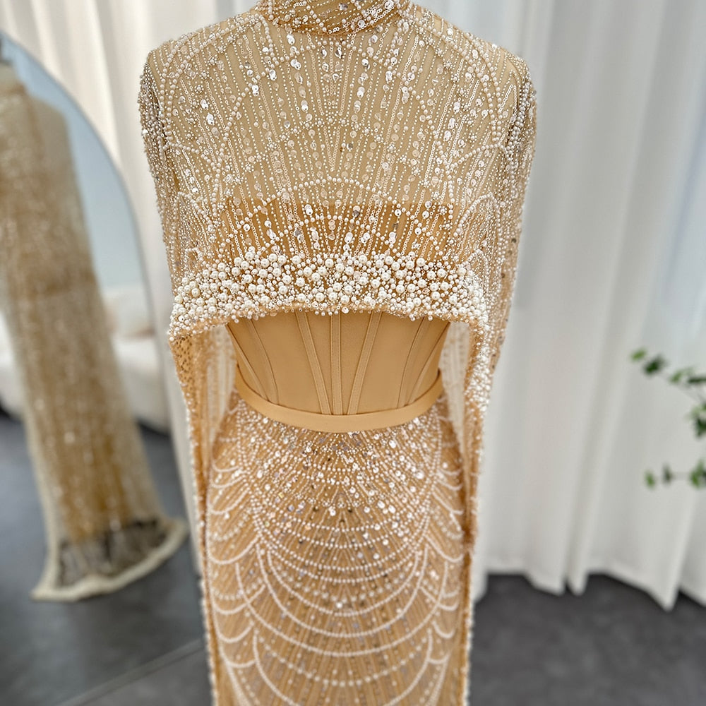 Luxury Pearls Champagne Evening Dresses with Cape Women Mermaid Wedding Party Prom Dress - Image 14