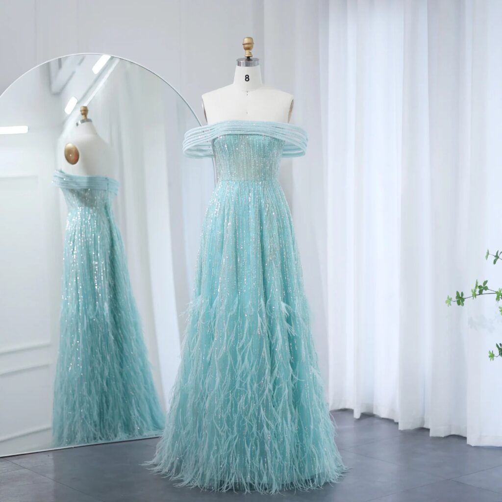 Feathers Aqua Green Luxury Evening Dresses Off Shoulder Prom Party Wedding Dress