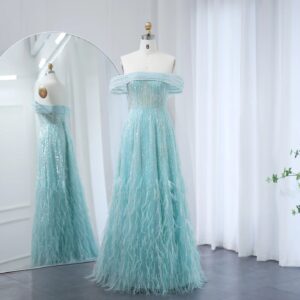 Feathers Aqua Green Luxury Evening Dresses Off Shoulder Prom Party Wedding Dress