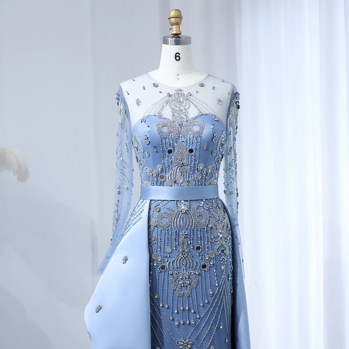 Luxury Beads Blue Long Sleeves Evening Dress with Overskirt Women Party Gowns - Image 2