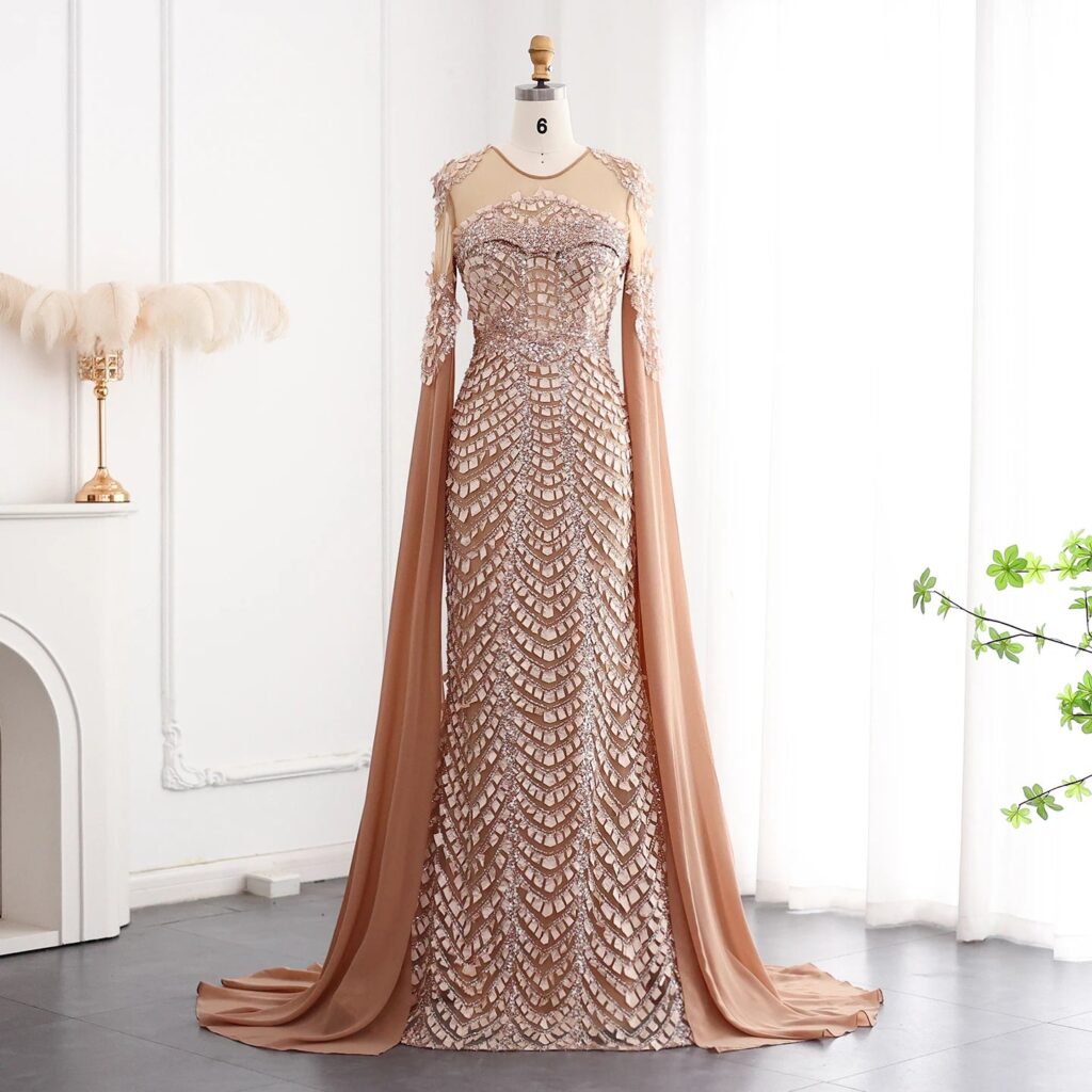 Orange Brown Mermaid Evening Dress with Cape Sleeves Luxury Blue Long White Wedding Party Gowns