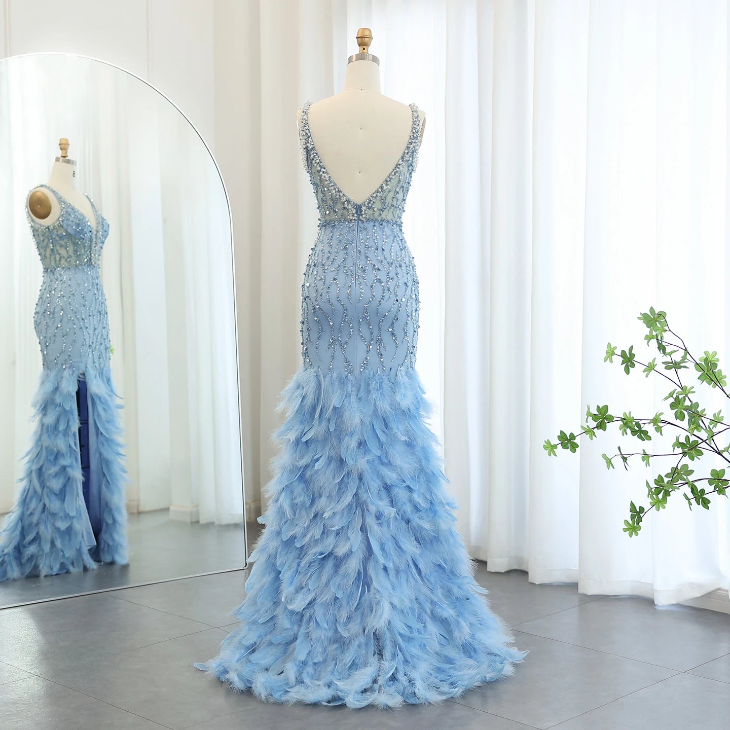 Luxury Feathers Mermaid Evening Dresses for Women Wedding V-Neck Blue Side Slit Long Prom Party Dress - Image 9