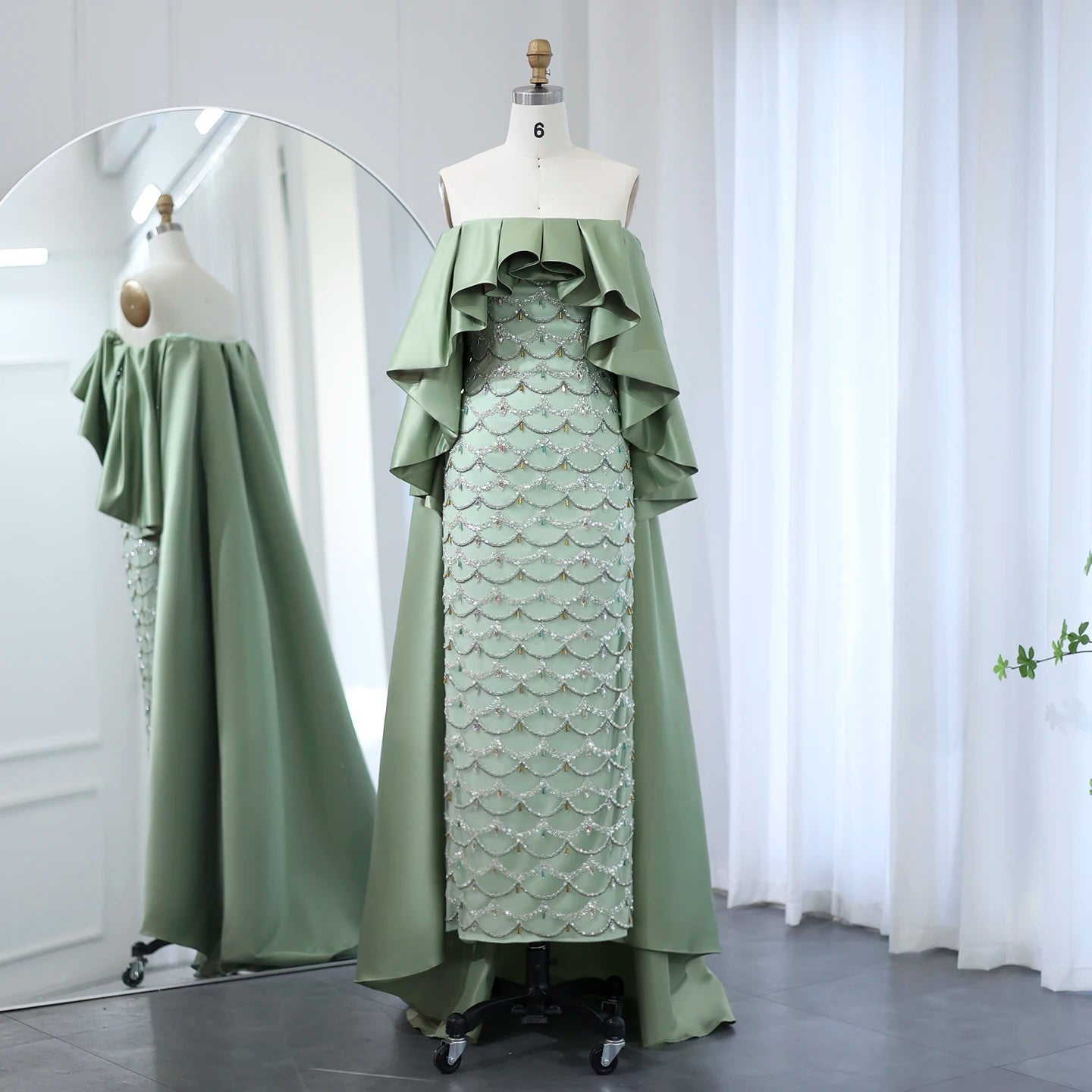 Sage Green Luxury Evening Dresses with Cape Lilac Beaded Women Wedding Party Dress - Image 4
