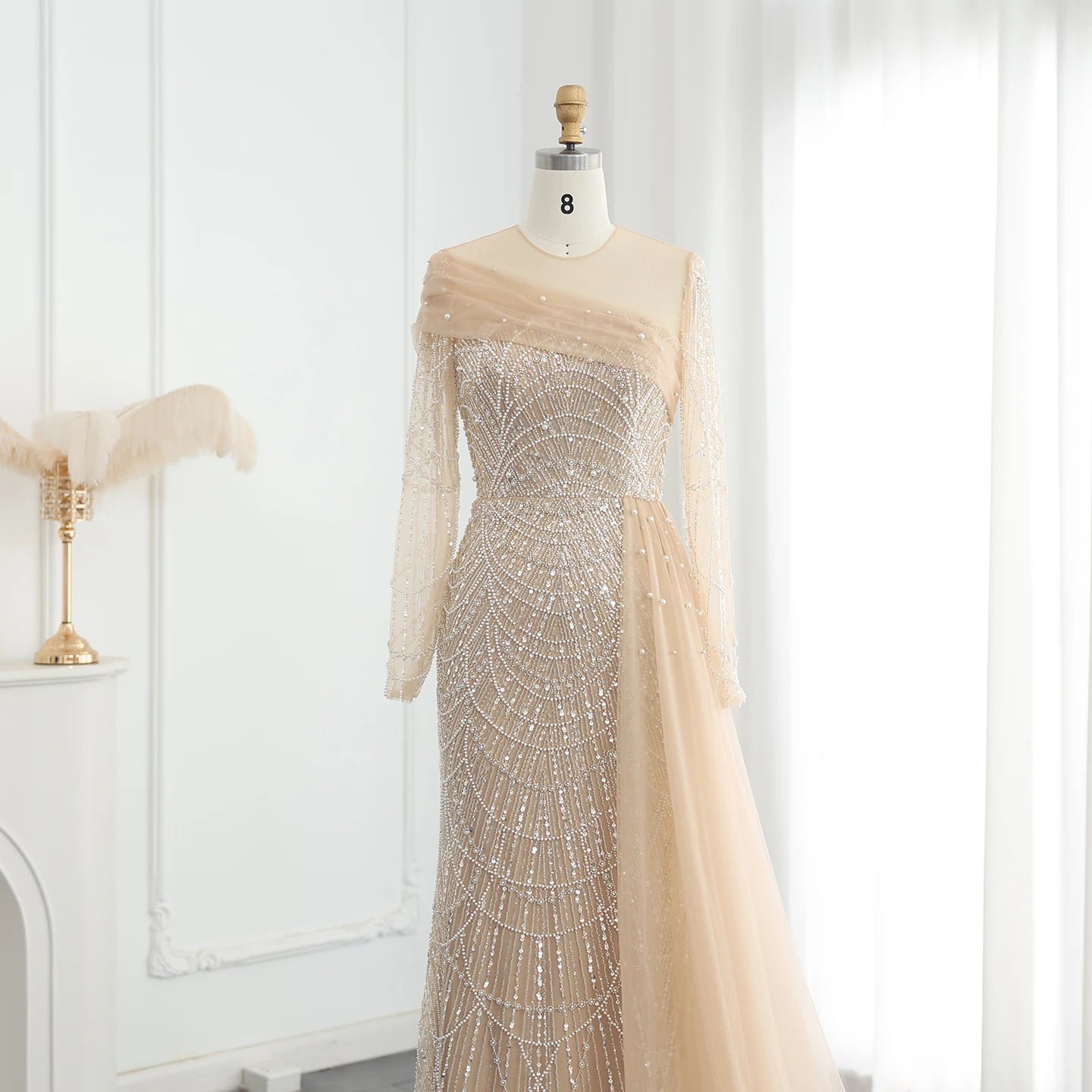 Luxury Beaded Champagne Mermaid Long Sleeves Evening Dress for Women Wedding Formal Party Gowns - Image 3