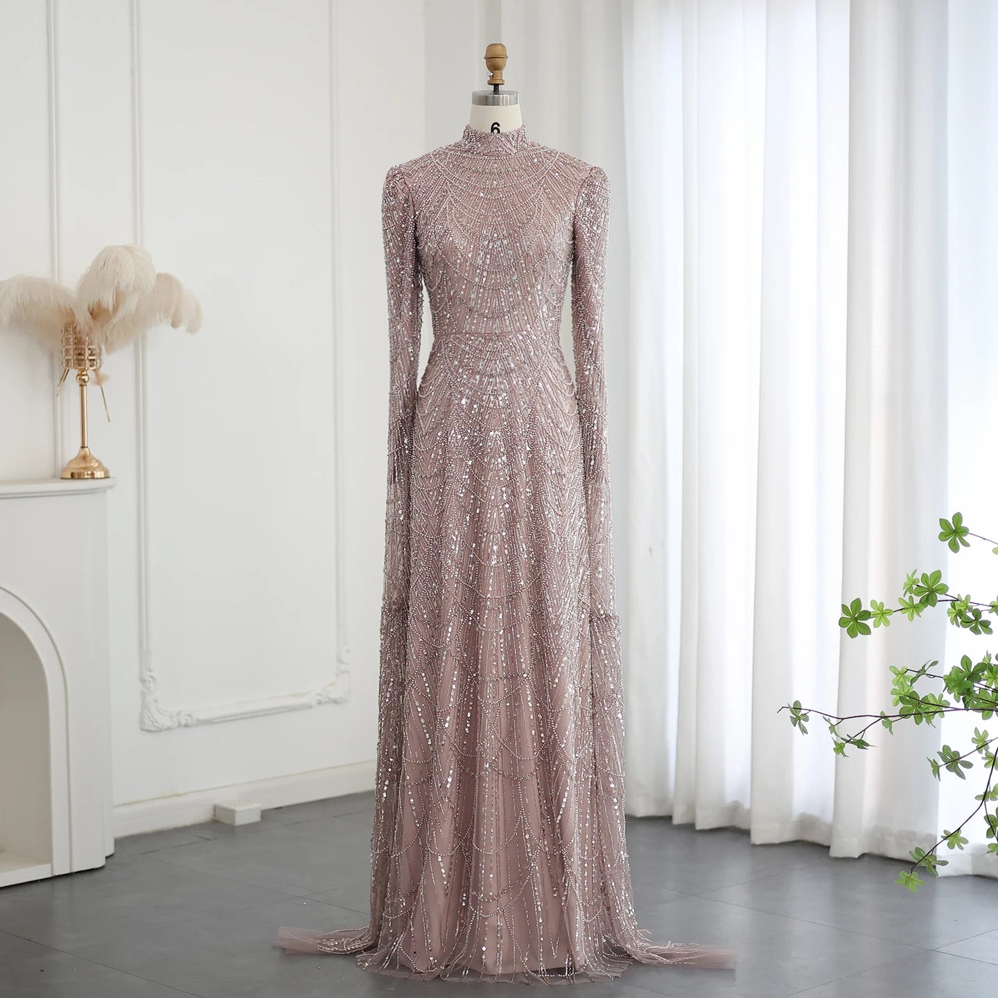 Sage Green Muslim Evening Dresses with Cape Sleeves High Neck for Arabic Women Wedding Party - Image 2