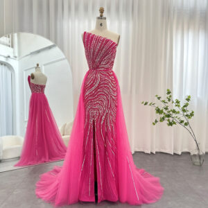 Luxury Fuchsia Evening Dress with Overskirt Scalloped High Slit Women Wedding Party Gowns