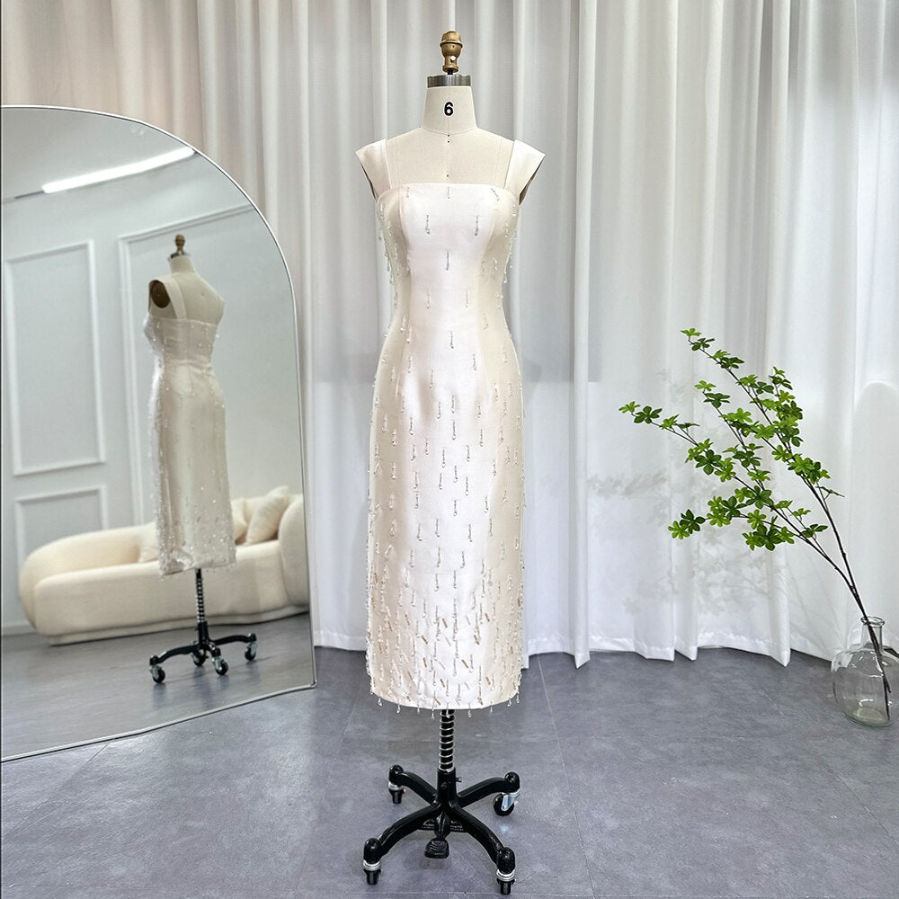 Beige Satin Midi Short Evening Dress Luxury Crystal Tassel Women Wedding Formal Party Gowns