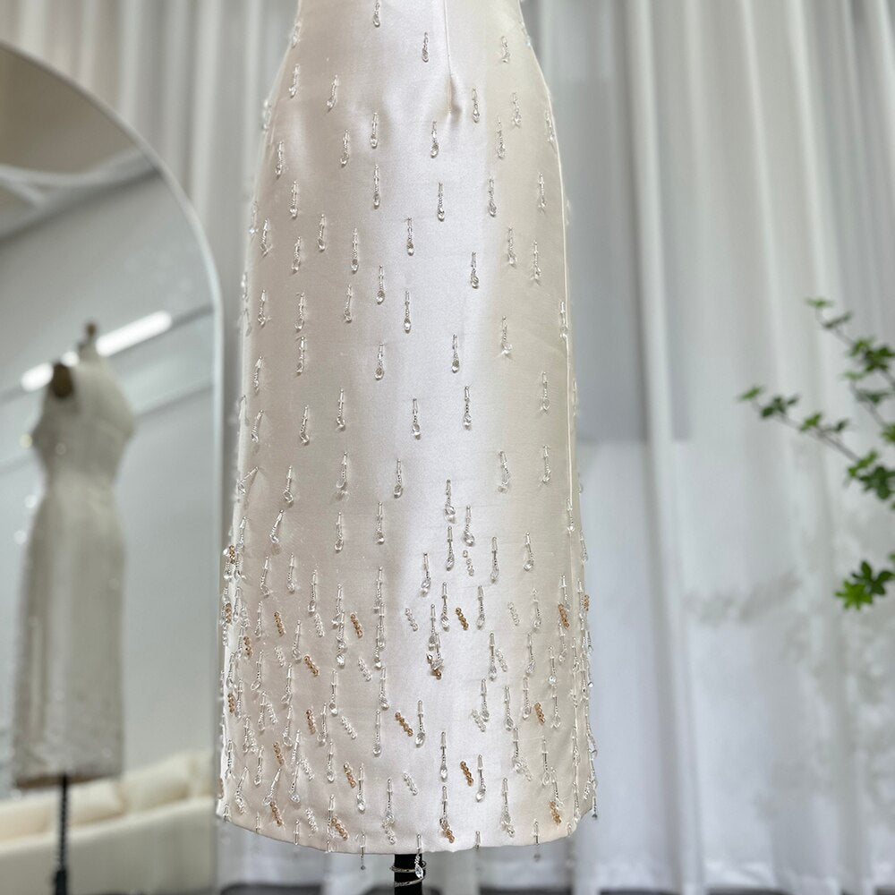 Beige Satin Midi Short Evening Dress Luxury Crystal Tassel Women Wedding Formal Party Gowns - Image 4