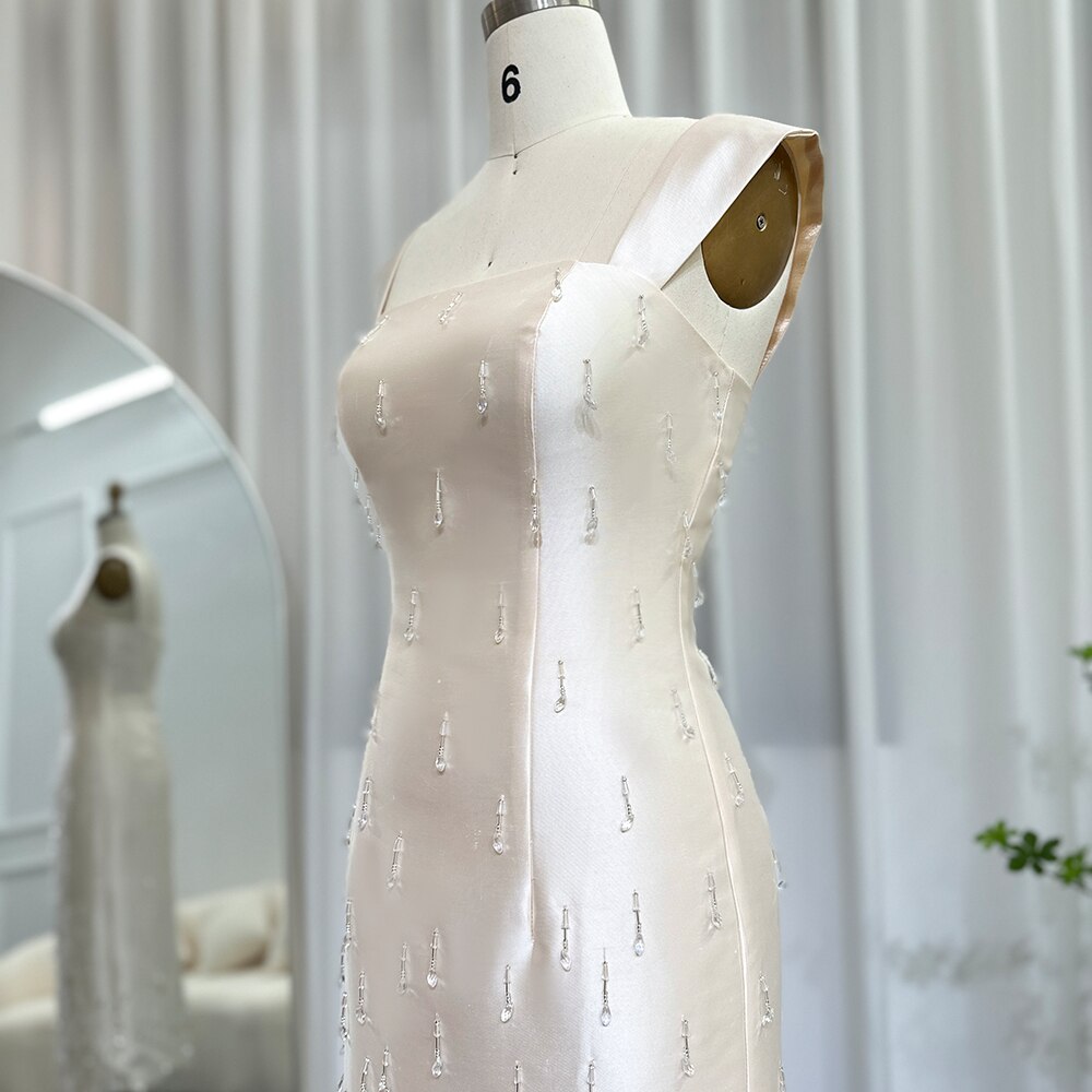 Beige Satin Midi Short Evening Dress Luxury Crystal Tassel Women Wedding Formal Party Gowns - Image 3