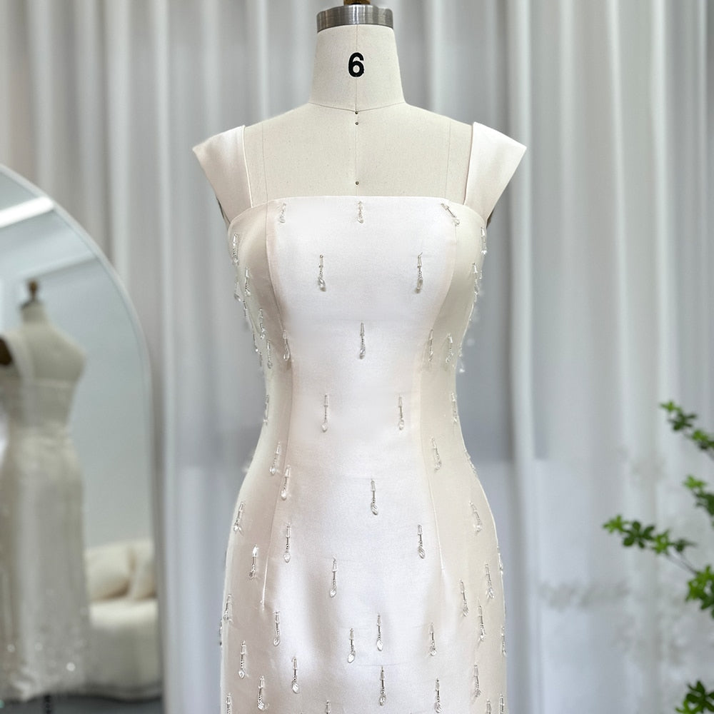 Beige Satin Midi Short Evening Dress Luxury Crystal Tassel Women Wedding Formal Party Gowns - Image 2