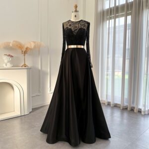 Satin Long Sleeves Evening Dress Luxury Beaded Formal Party Gowns for Women Wedding Guest
