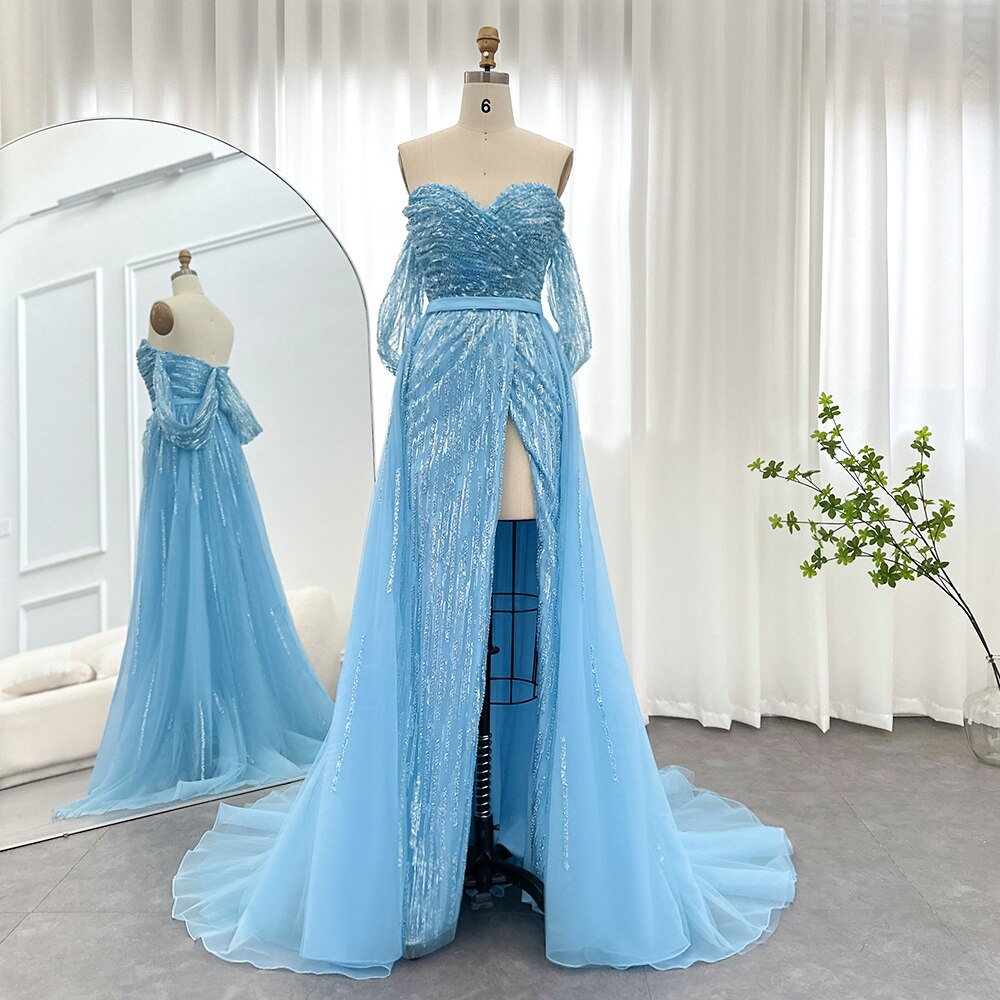 Blue Mermaid Luxury Evening Dresses for Woman Wedding Party High Split Elegant Prom Formal Gowns