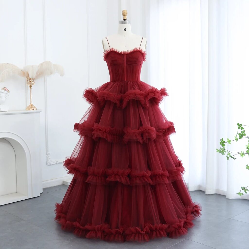Burgundy Tulle Tiered Ruffles Evening Dresses with Gloves Spaghetti Straps Wedding Party Gowns