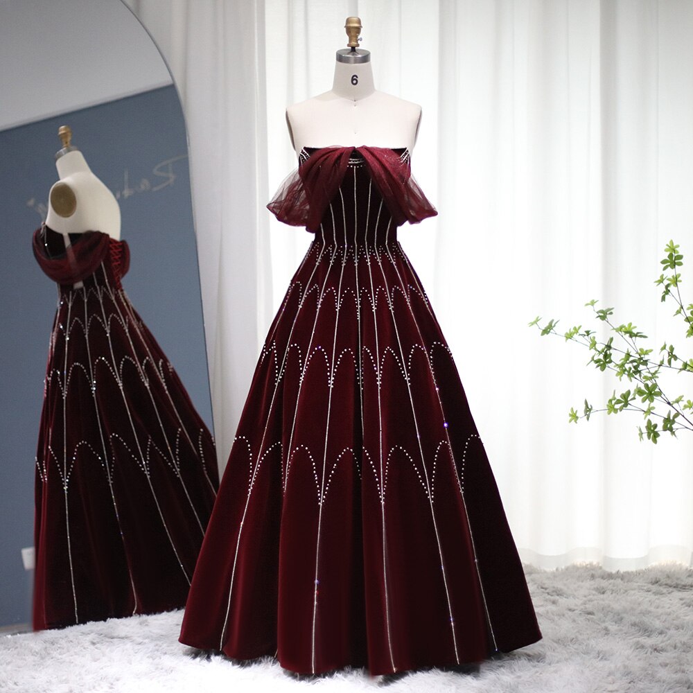 Burgundy Velvet Ball Gown Evening Dress Luxury Crystal Women Formal Party Dress for Wedding