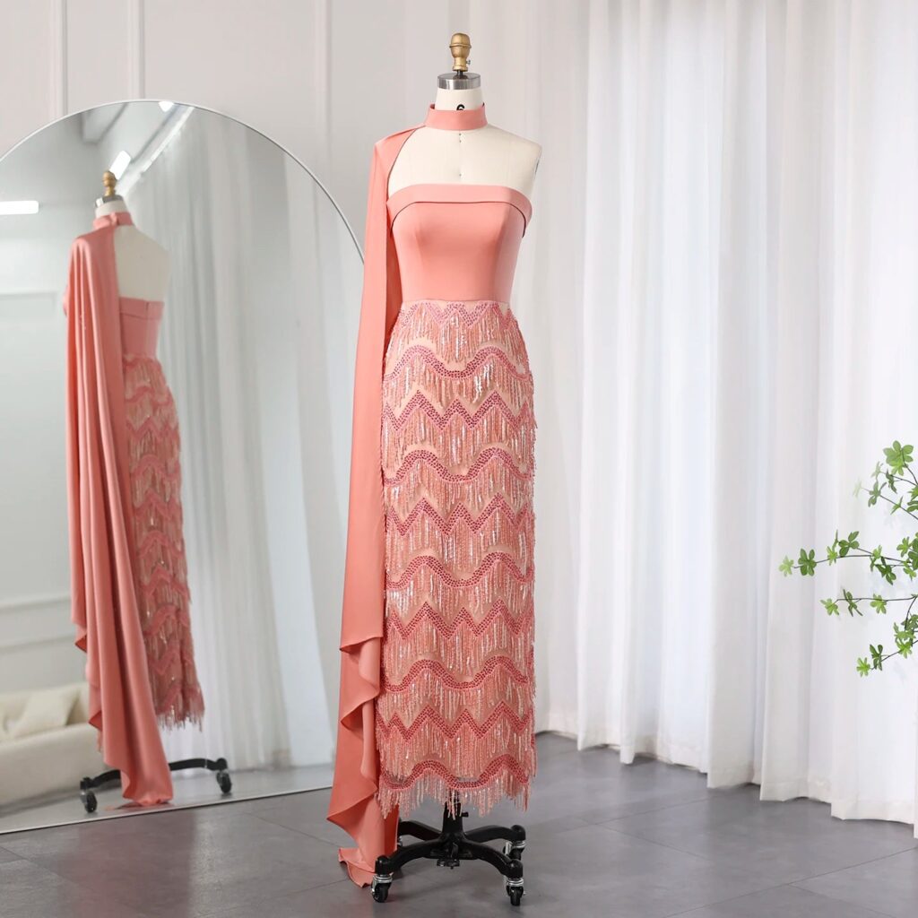 Coral Pink Tassel Evening Dress with Scarf Elegant Strapless Women Wedding Party Gowns