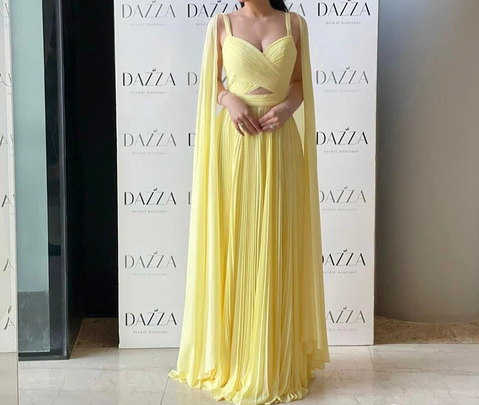 Fuchsia Chiffon Evening Dresses with Cape Sleeves Elegant Yellow Women Wedding Party Formal Gowns - Image 2