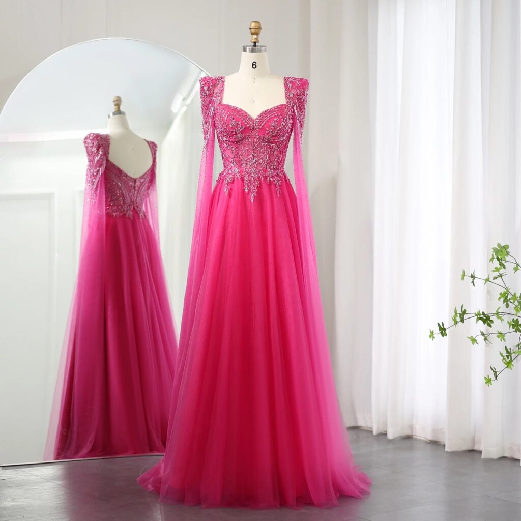 Fuchsia Evening Dress with Cape Sleeves Luxury Beaded Elegant Women Wedding Formal Party Gowns
