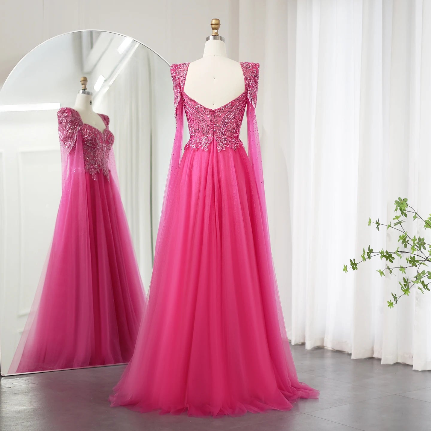 Fuchsia Evening Dress with Cape Sleeves Luxury Beaded Elegant Women Wedding Formal Party Gowns - Image 5
