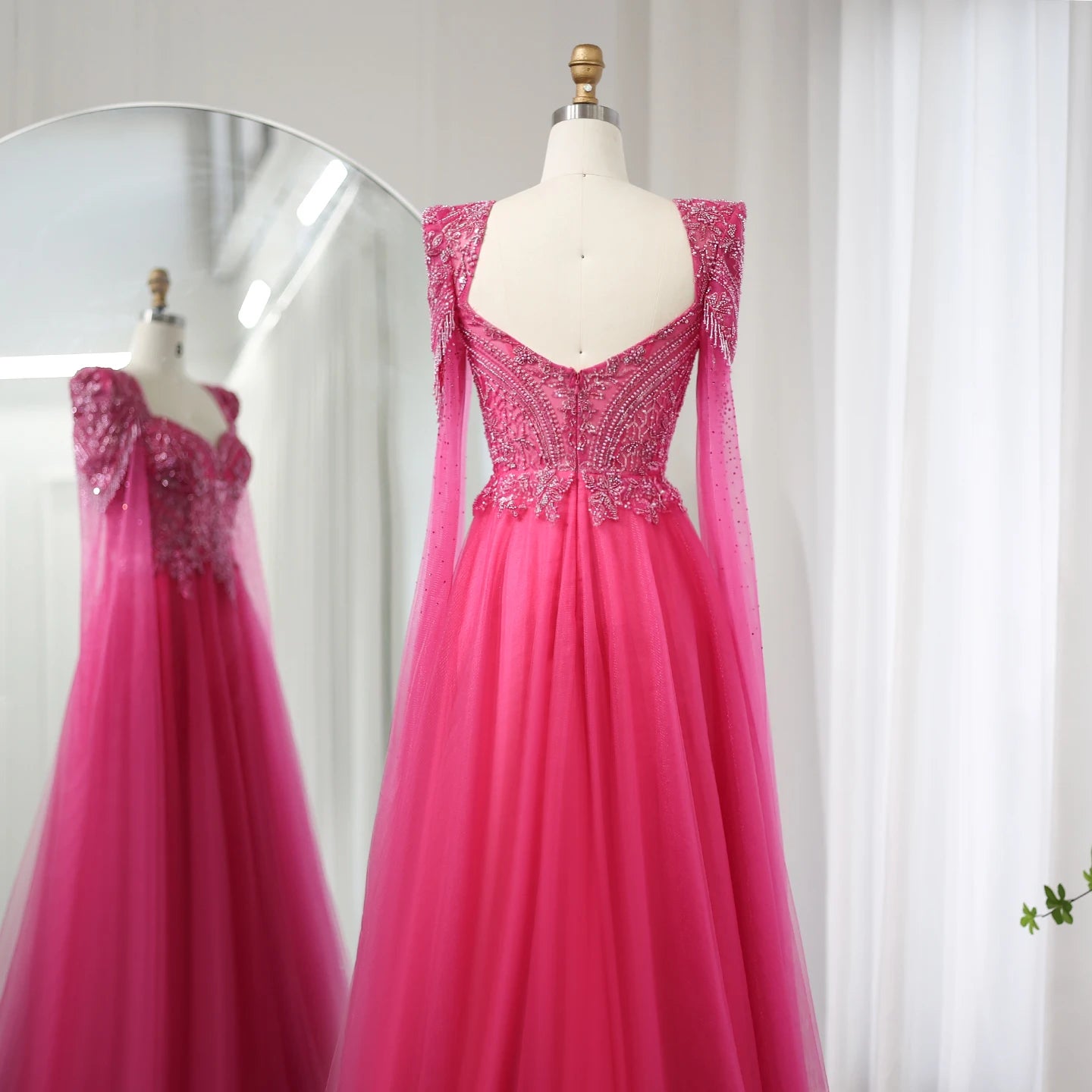 Fuchsia Evening Dress with Cape Sleeves Luxury Beaded Elegant Women Wedding Formal Party Gowns - Image 6