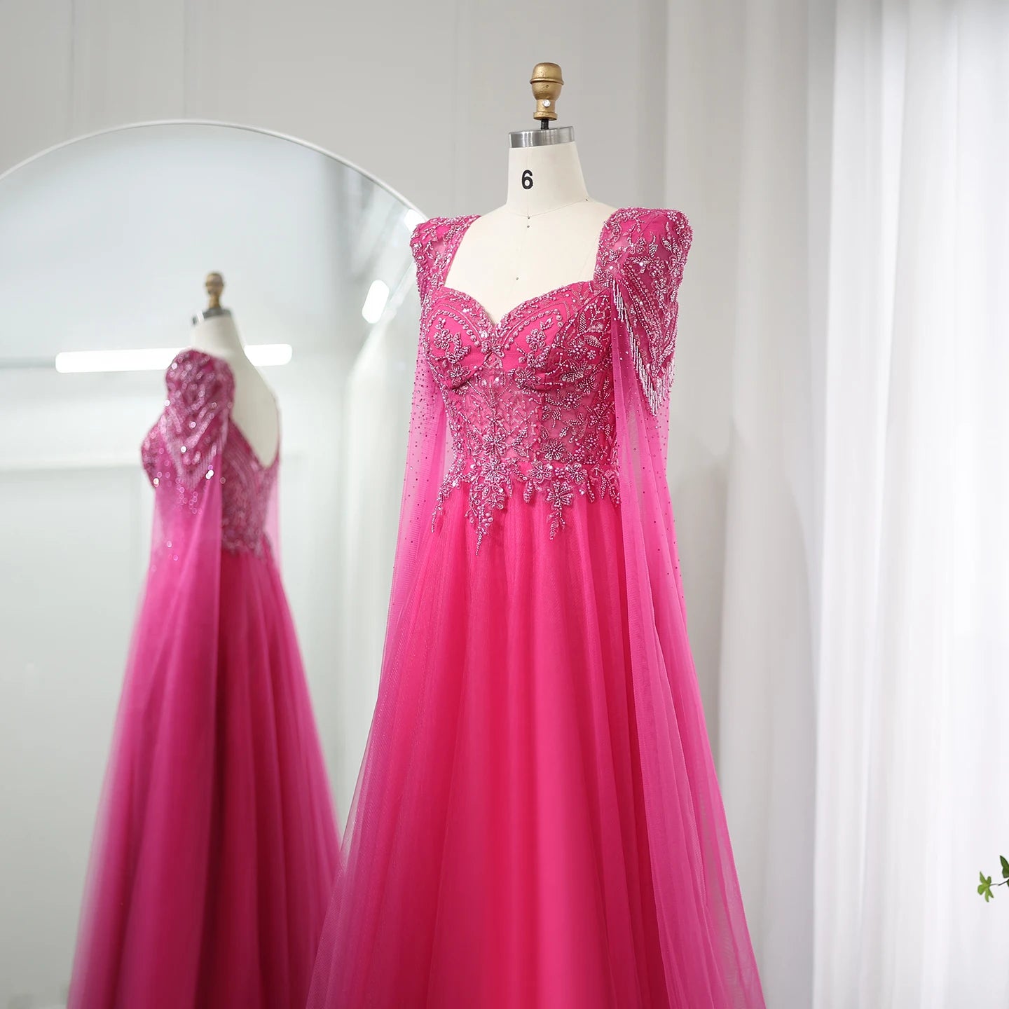 Fuchsia Evening Dress with Cape Sleeves Luxury Beaded Elegant Women Wedding Formal Party Gowns - Image 3