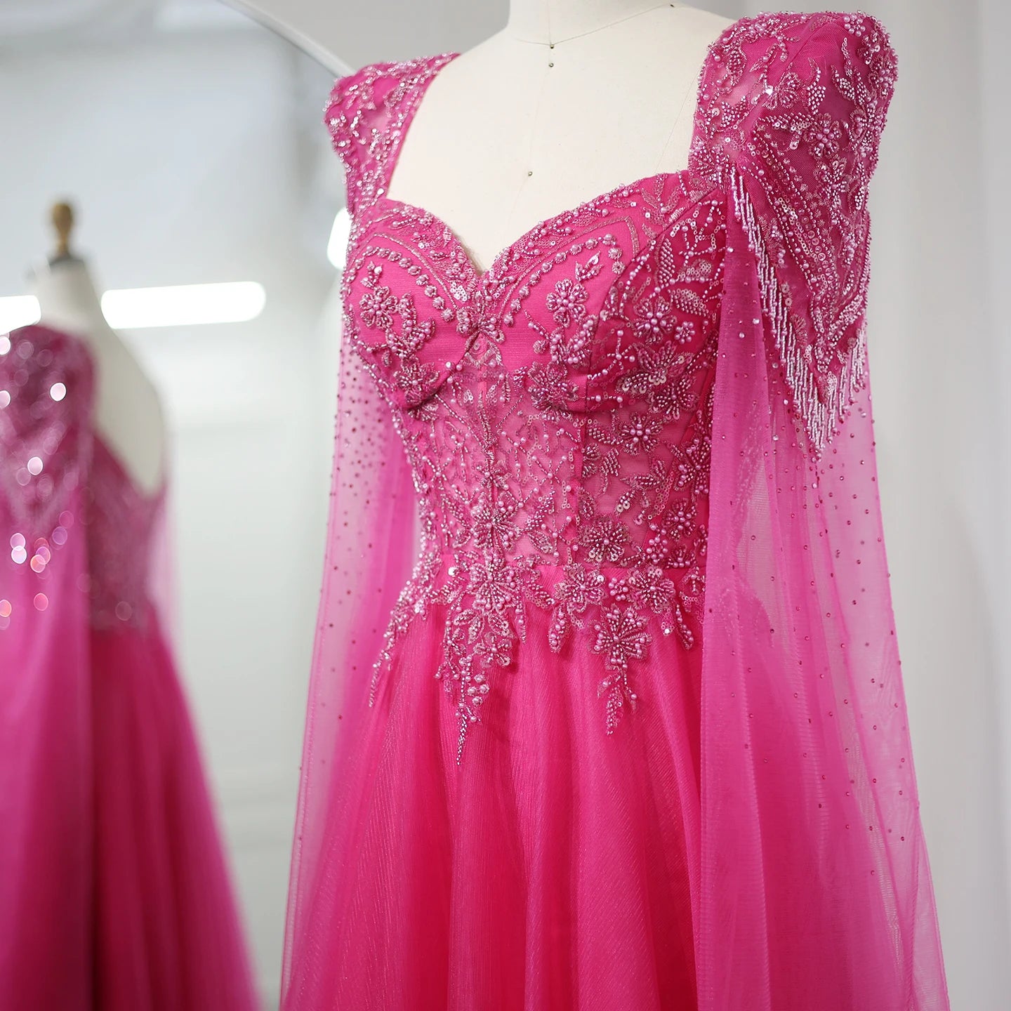 Fuchsia Evening Dress with Cape Sleeves Luxury Beaded Elegant Women Wedding Formal Party Gowns - Image 4