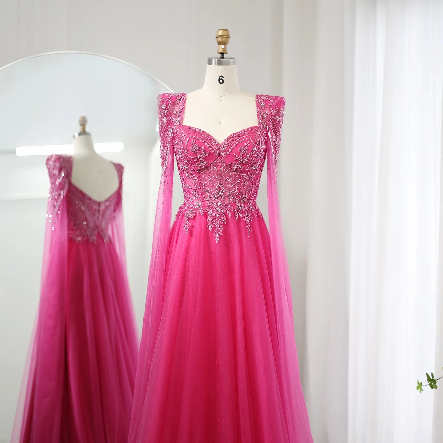 Fuchsia Evening Dress with Cape Sleeves Luxury Beaded Elegant Women Wedding Formal Party Gowns - Image 2