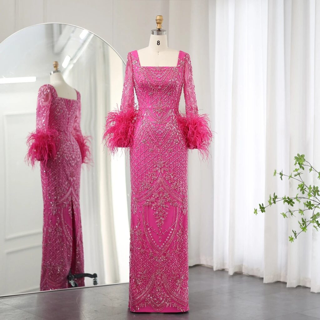 Fuchsia Luxury Dubai Evening Dresses Feathers Long Sleeves Straight Women Wedding Party Gowns