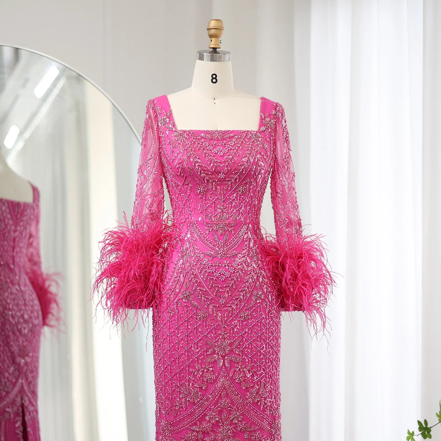 Fuchsia Luxury Dubai Evening Dresses Feathers Long Sleeves Straight Women Wedding Party Gowns - Image 2