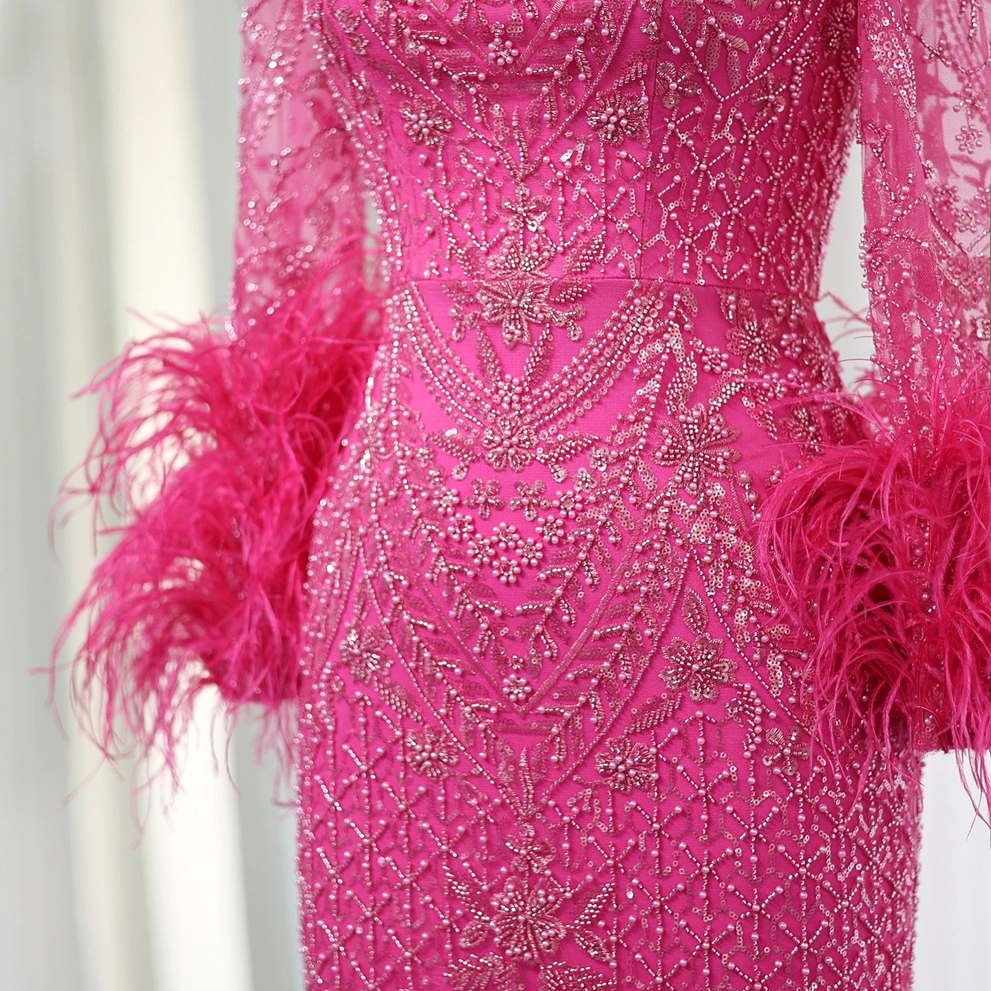 Fuchsia Luxury Dubai Evening Dresses Feathers Long Sleeves Straight Women Wedding Party Gowns - Image 4