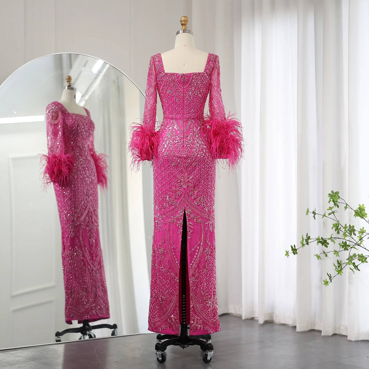 Fuchsia Luxury Dubai Evening Dresses Feathers Long Sleeves Straight Women Wedding Party Gowns - Image 5