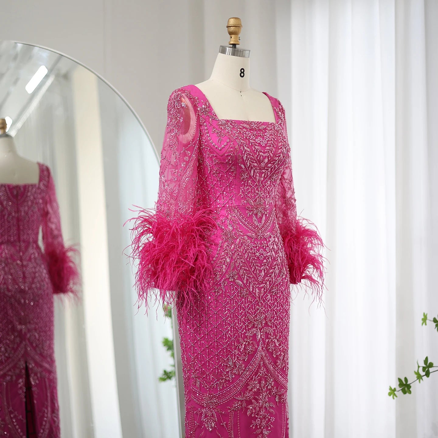 Fuchsia Luxury Dubai Evening Dresses Feathers Long Sleeves Straight Women Wedding Party Gowns - Image 6