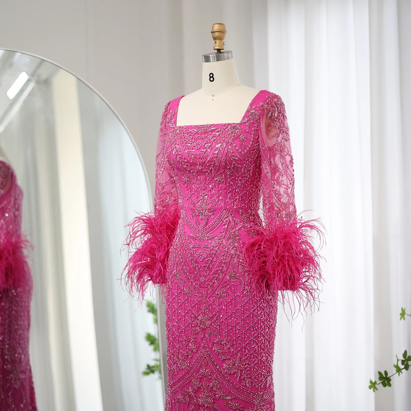 Fuchsia Luxury Dubai Evening Dresses Feathers Long Sleeves Straight Women Wedding Party Gowns - Image 3
