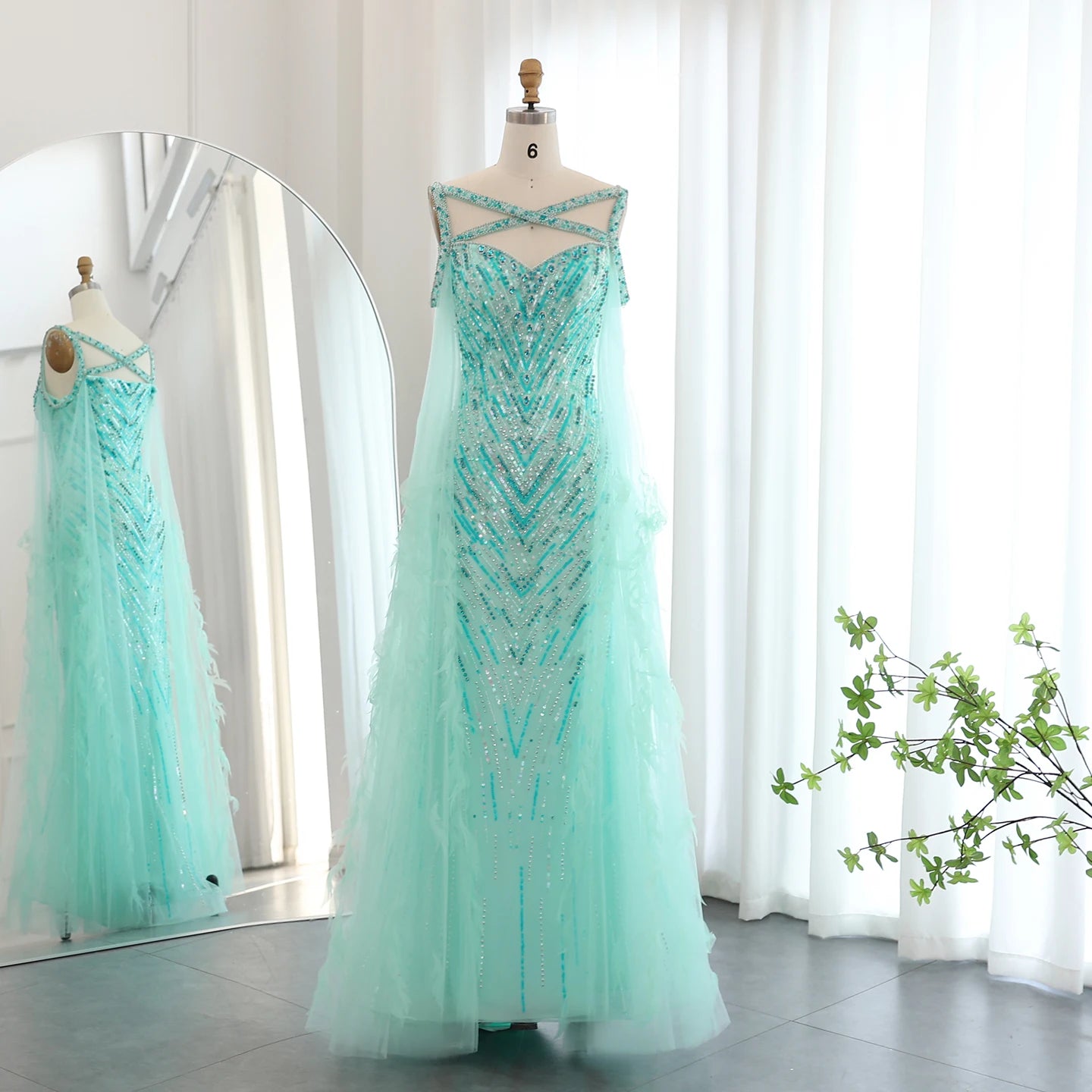 Fuchsia Mermaid Evening Dresses with Cape Sleeves Luxury Turquoise Women Wedding Party Dress - Image 10