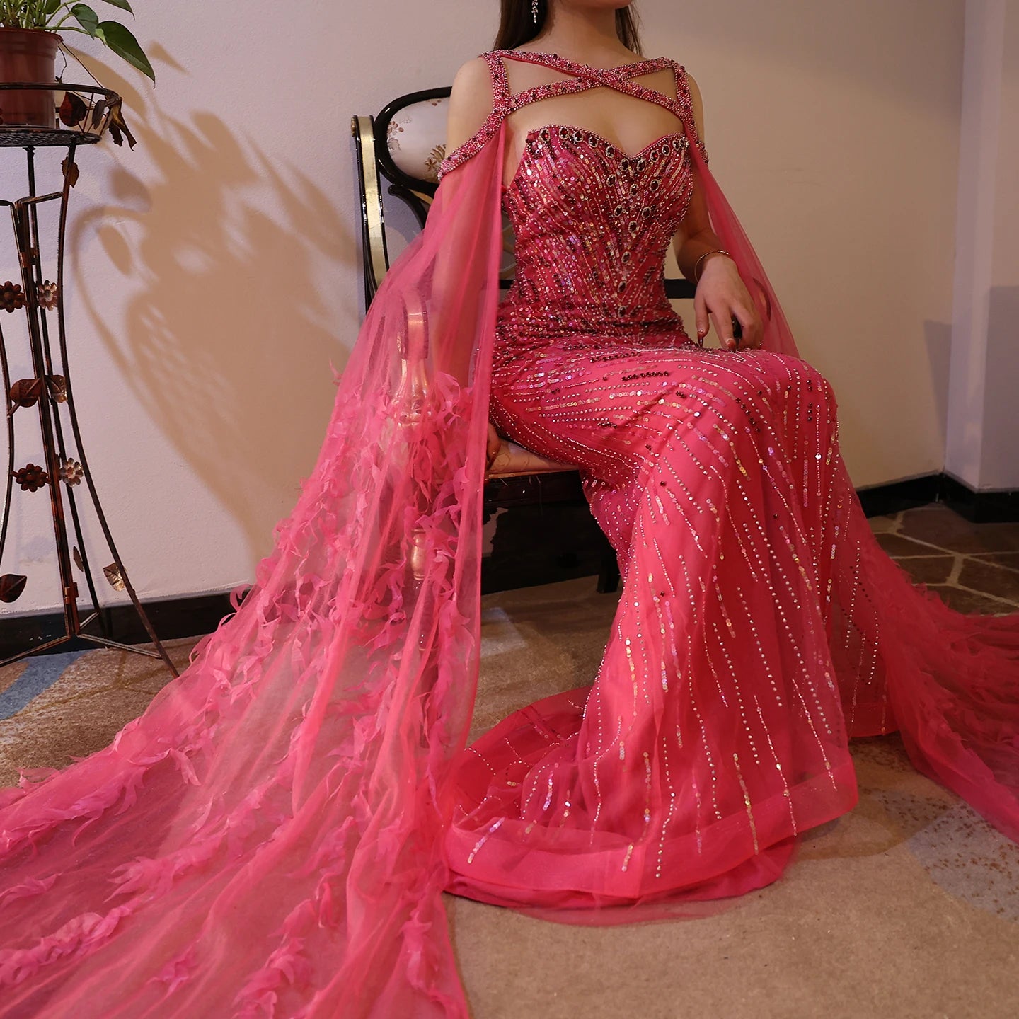 Fuchsia Mermaid Evening Dresses with Cape Sleeves Luxury Turquoise Women Wedding Party Dress - Image 3