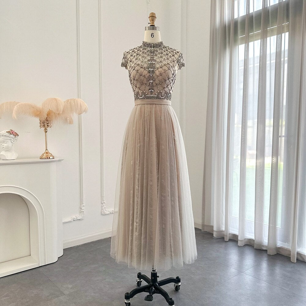 Gray Lace Short Evening Dresses Luxury Vintage Tea Length Formal Dress for Women Wedding Party