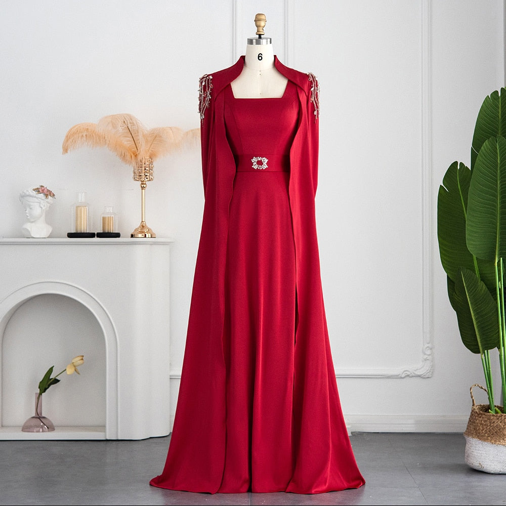 Jumpsuit Long Evening Dress with Cape Luxury Crystal Formal Dresses for Women Wedding Party